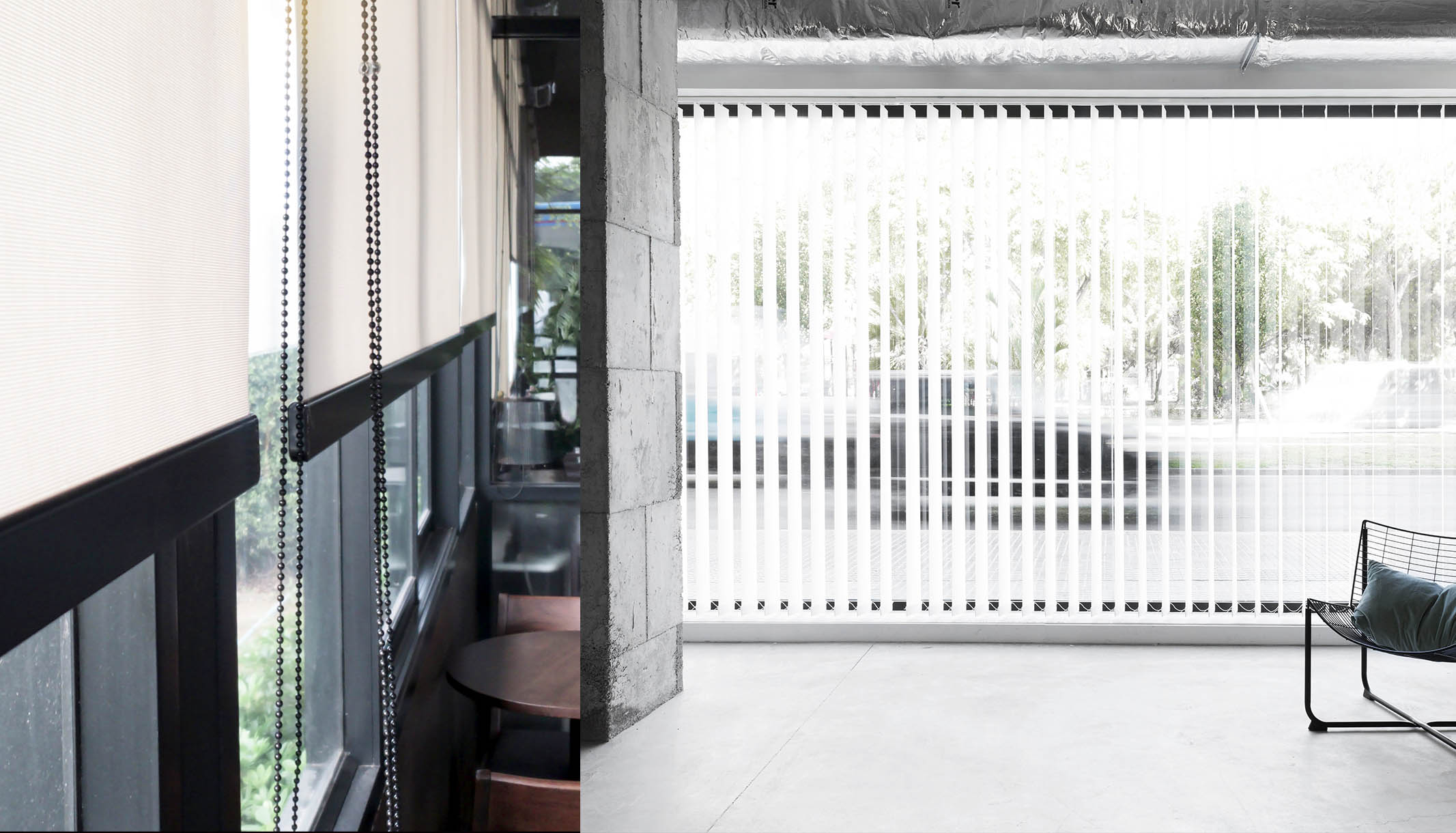 Ventanas con estores enrrollables y escaparate con cortina veneciana